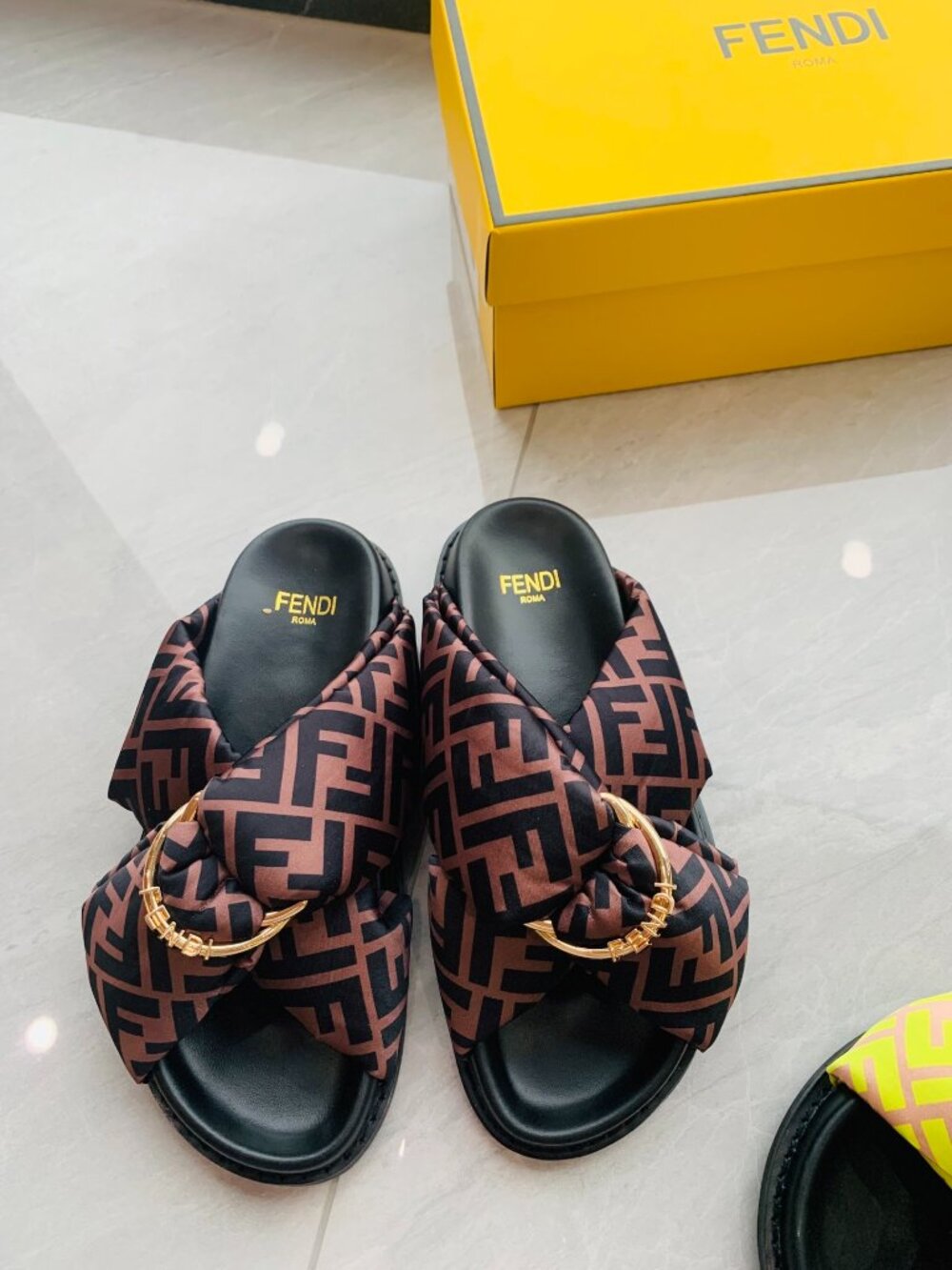 Fendi Brown FF Logo Quilted Slide Sandals